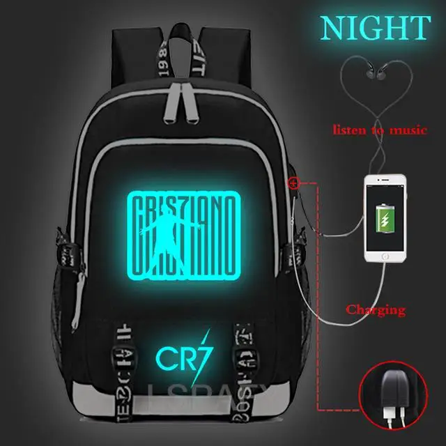 High quality Cristiano Ronaldo CR7 Luminous USB Charge Tenns backpack USB charging CR7 rucksack men women Mochila