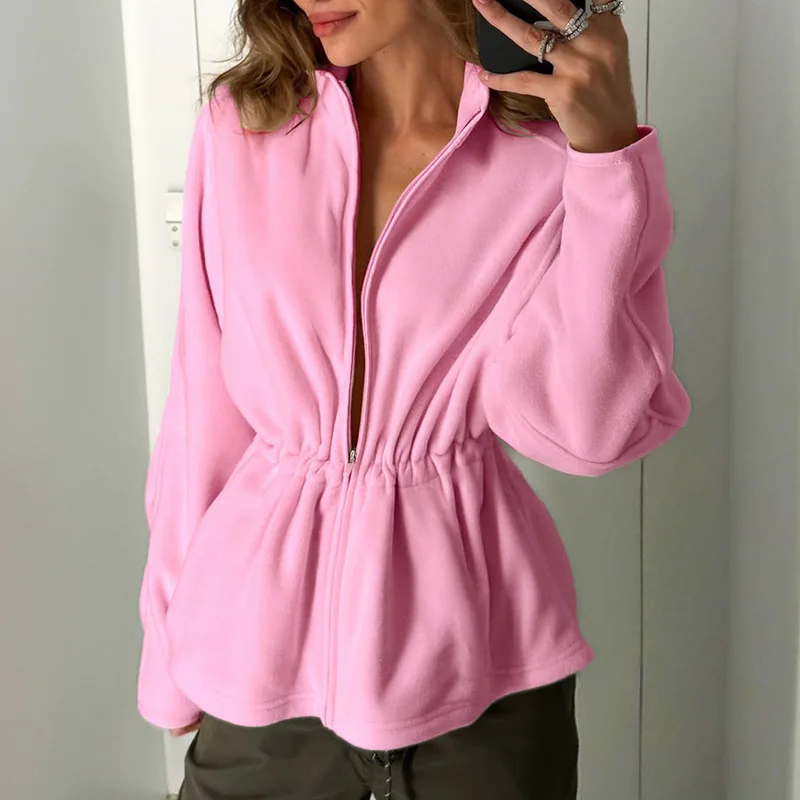 Fashion Casual Polar Fleece Sweatshirt Drawstring Stand Collar Long Sleeve Slim Coats Autumn Women Cozy Chic Outerwea