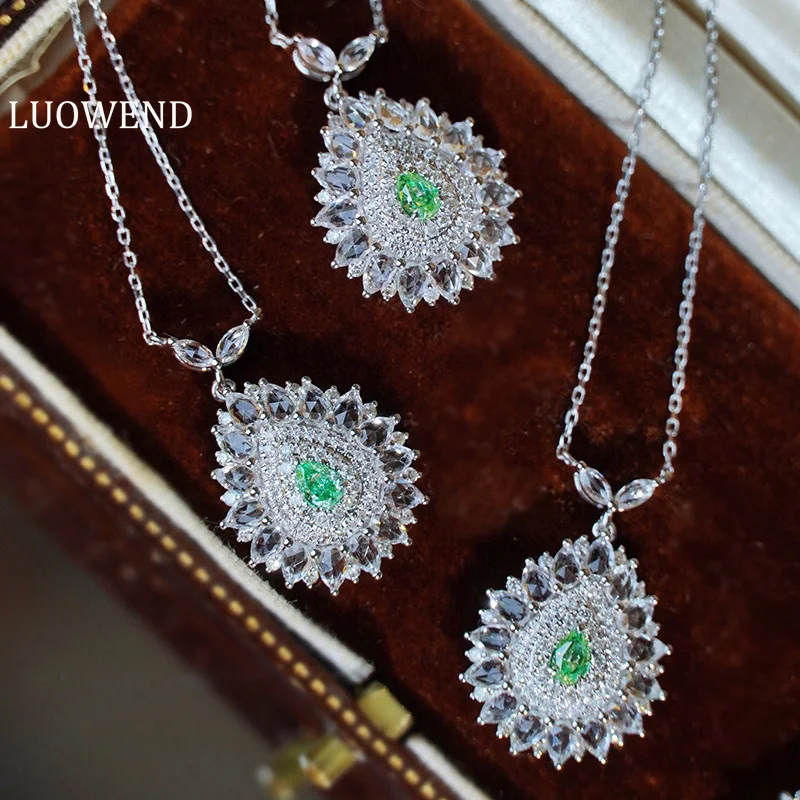 

LUOWEND 100% 18K White Gold Necklace Luxury Design Real Natural Green Diamond Pendant Necklace for Women High Party Jewelry