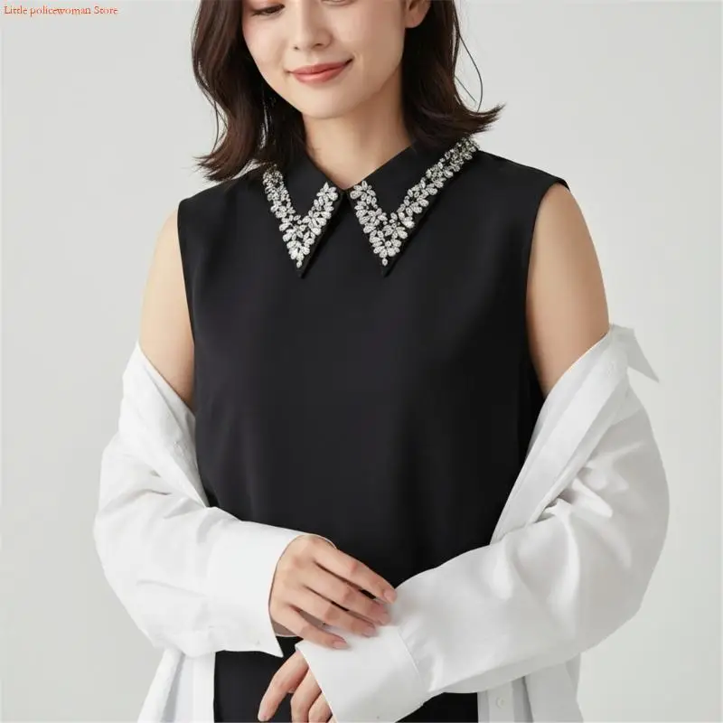 F92D Rhinestones Decorated Comfortable Polyester Faux Collar For Business Event And Evening Occasion