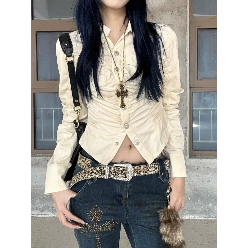 

Design American Hot Girl Street Retro Versatile T-shirt for Women Urban Daughter Diamond Pleated Waist Short Work Shirt