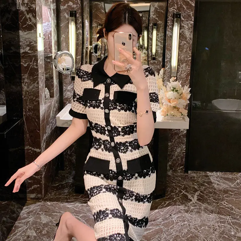 Elegant Fashion Harajuku Slim Fit Female Clothes Loose Casual Sweat All Match Hip Wrap Skirt POLO Collar Short Sleeve Dresses