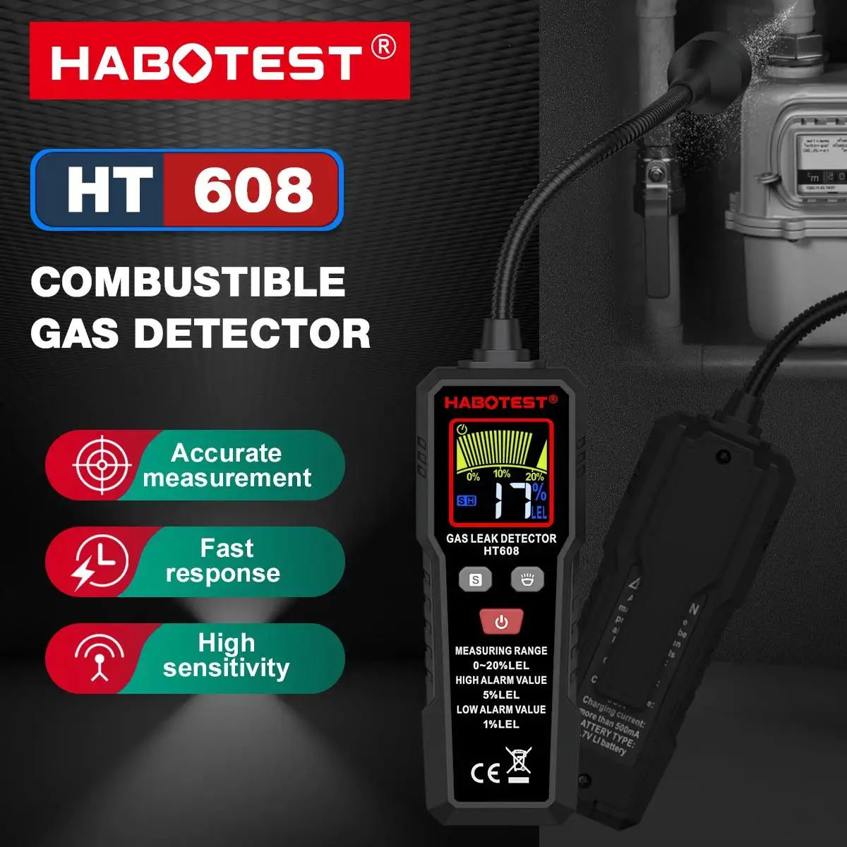 HABOTEST HT608 كاشف تسرب الغاز الطبيعي إنذار الصوت والشاشة القابل للاحتراق كاشف تسرب غاز الميثان القابل للاشتعال تحديد الموقع