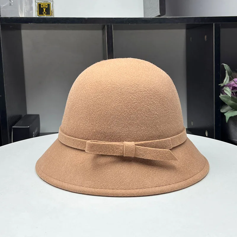 Hepburn small fragrant wool basin hat Autumn winter simple elegant bow fisherman hat women\'s banquet top hat