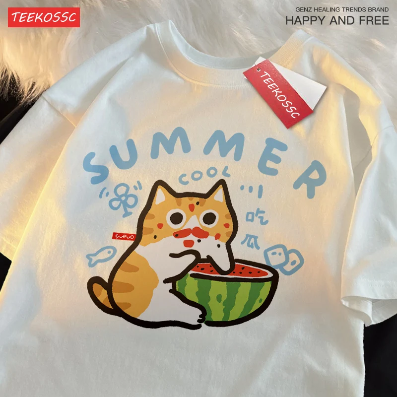 Eating Melons Oranges Cats Funny Catsprinted Mans T-Shirt Fitting Cool T Shirts Leisure Oversized Tee Shirt Pleasure Cotton Tops