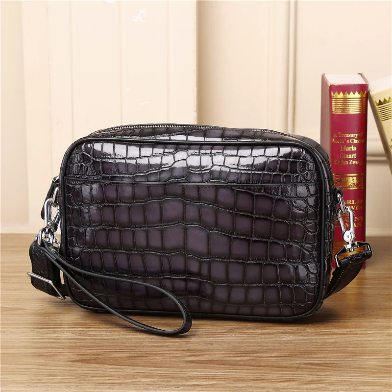 Imagem -02 - Couro Genuíno Crocodilo Ombro Câmera Bolsa Bolsa Portátil Multifuncional Masculino Único Crossbody Bolsa Grande Capacidade Handdraw