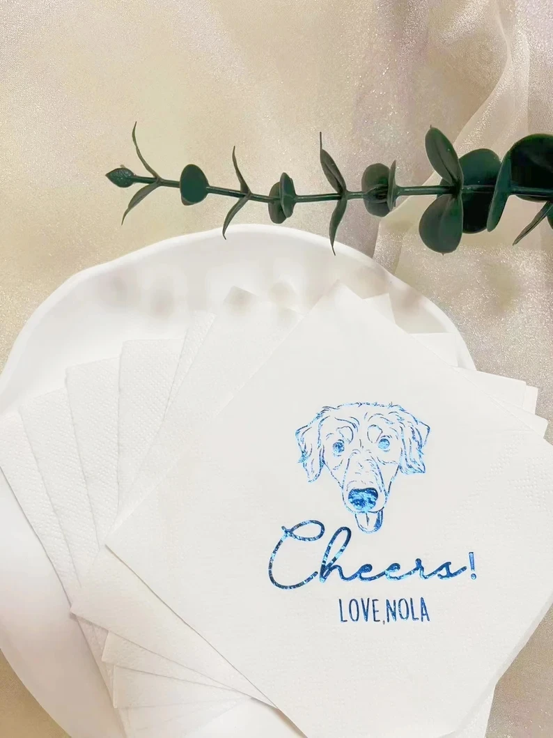 

50 PCS Custom Illustrated Blue Foil Dog Wedding Napkins, Custom Gold Foil Cocktail Napkins, Personalized Shower Napkins, Persona