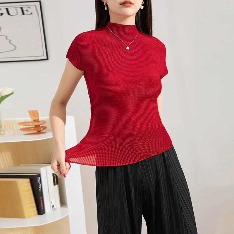 Spring and Summer new slimming short sleeved semi high neck tofu pleated elastic outerwear versatile base shirt [20230080]