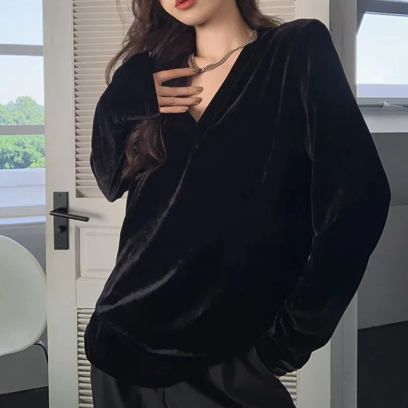 الذهبي المخملية الخامس الرقبة الأسود خمر تي شيرت ربيع الخريف جديد طويل الأكمام فضفاضة الشارع بلايز عادية موضة ملابس حريمي أنيقة