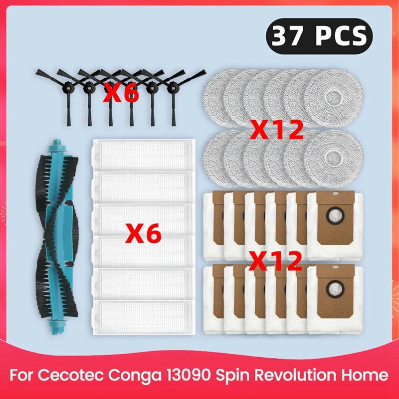 

A13R-For Cecotec Conga 13090 Spin Revolution Home Spare Parts Main Side Brush HEPA Filter Mop Cloth Dust Bag Accessories