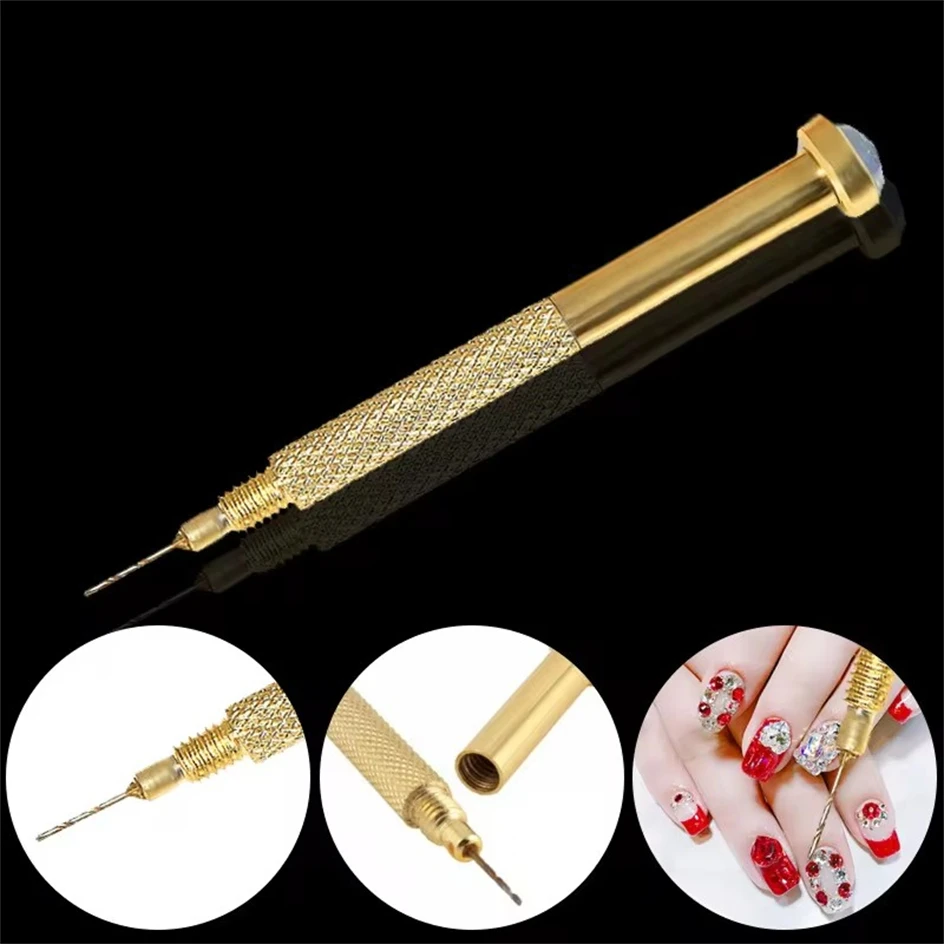 Nail Drill Pack of 3 for Dangle Charm Art Piercing Tool, Gold Hand Drills for Jewelry Rings for Tips, Acrylic, Gels Decoration