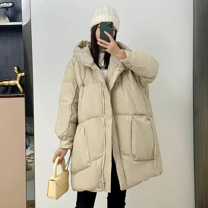 

2023 New Women Down Jacket Winter Coat Female Mid Length Version Parkas Loose Large Size Thick Warm Outwear Hooded Overcoat