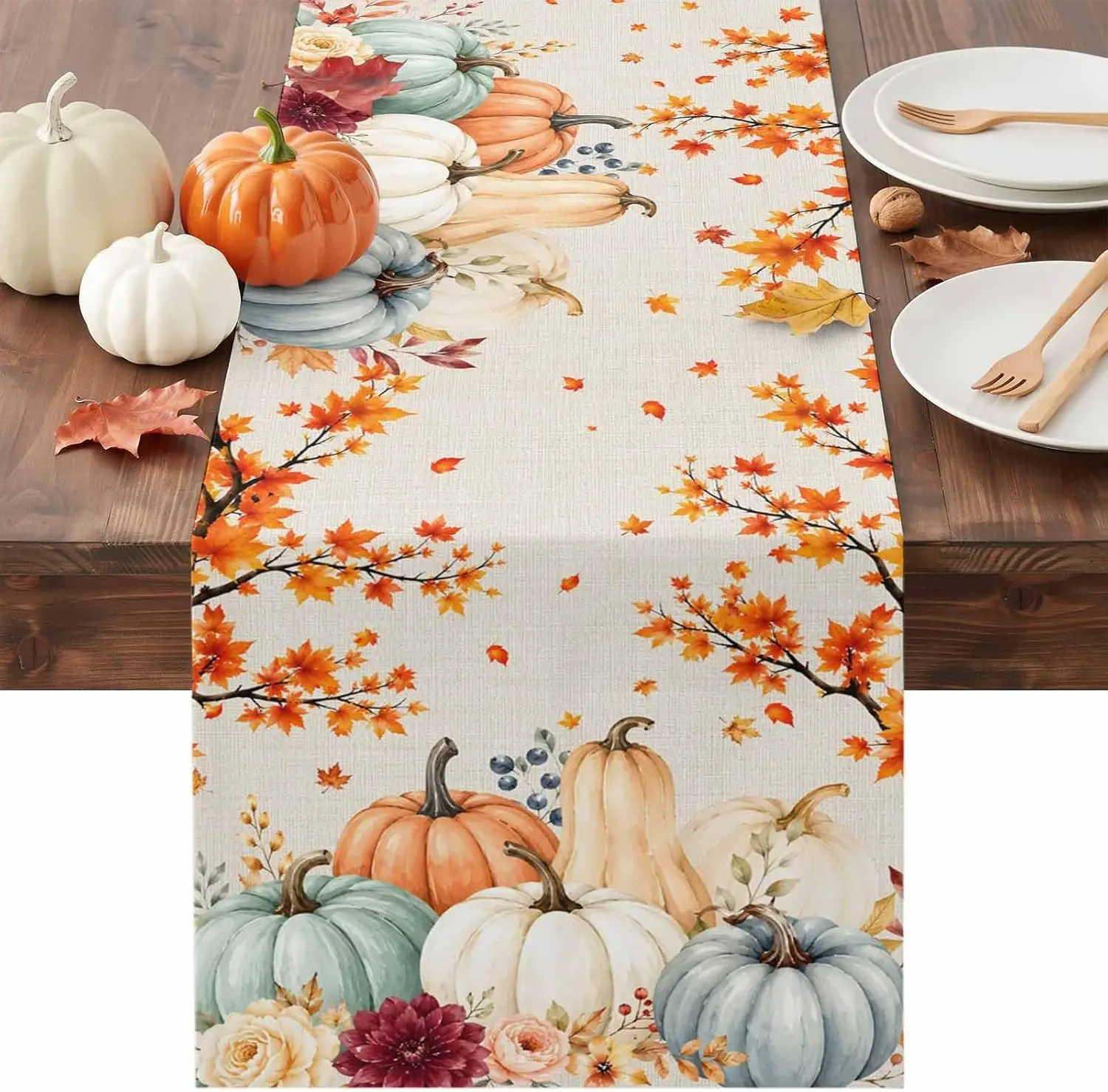 Fall Pumpkin Maple Leaf Tree Flower Linen Table Runner Home Decor Autumn Harvest Kitchen Dining Table Runners Thanksgiving Decor