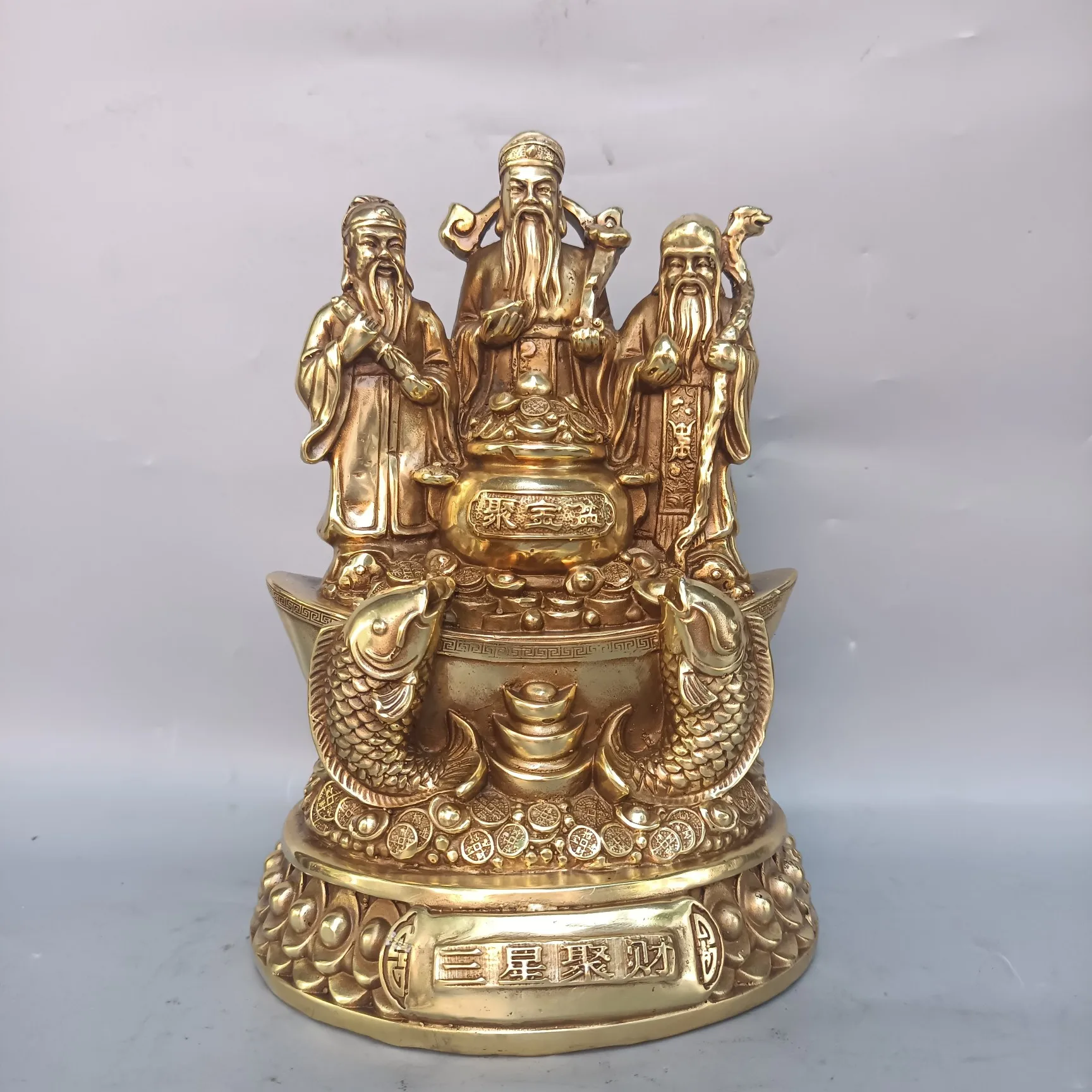 

9"Tibetan Temple Collection Old Brass Fu Lu Shou Three Immortals of Fortune Wealth LongAmass wealth Worship Hall Town house