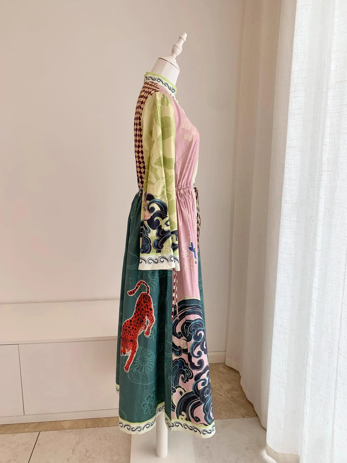 100% 면 드레스, 여성용 고품질 프린트 패션, 드로스트링 패션, 보헤미안 롱 드레스