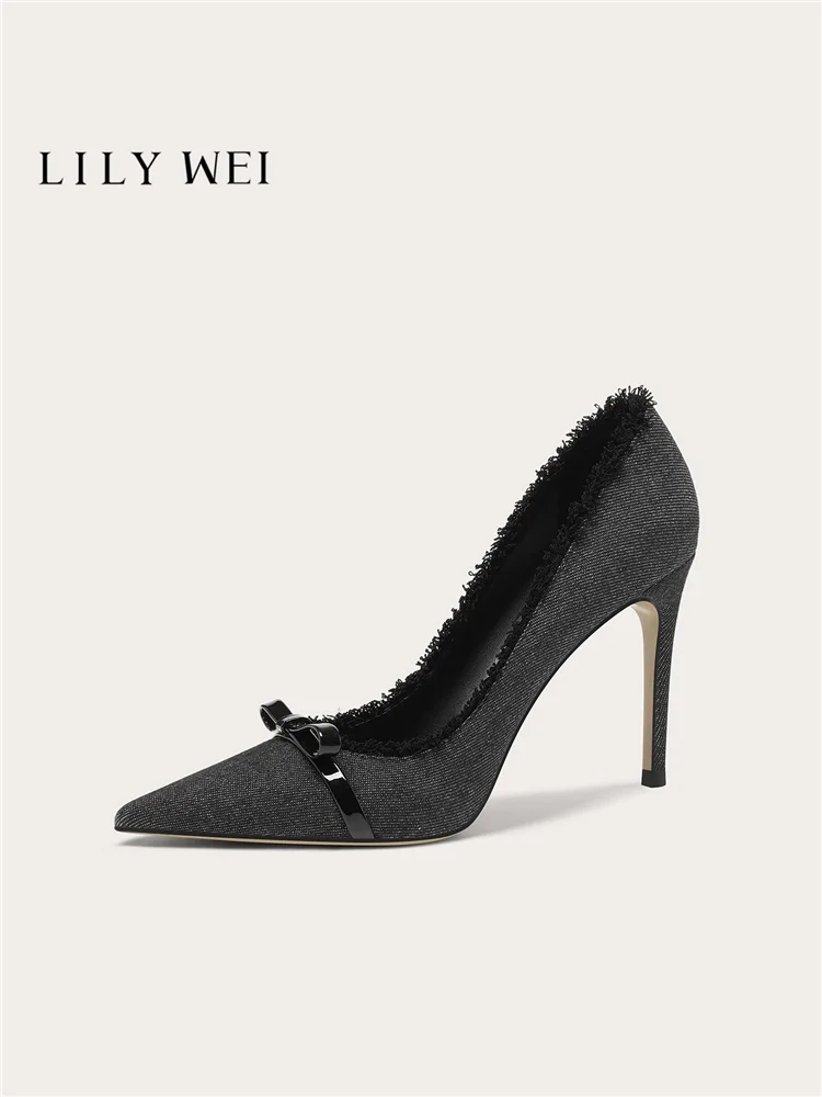 Autumn new pointed shallow mouth black denim fabric bow single shoes banquet large size small size widened high heels women shoe