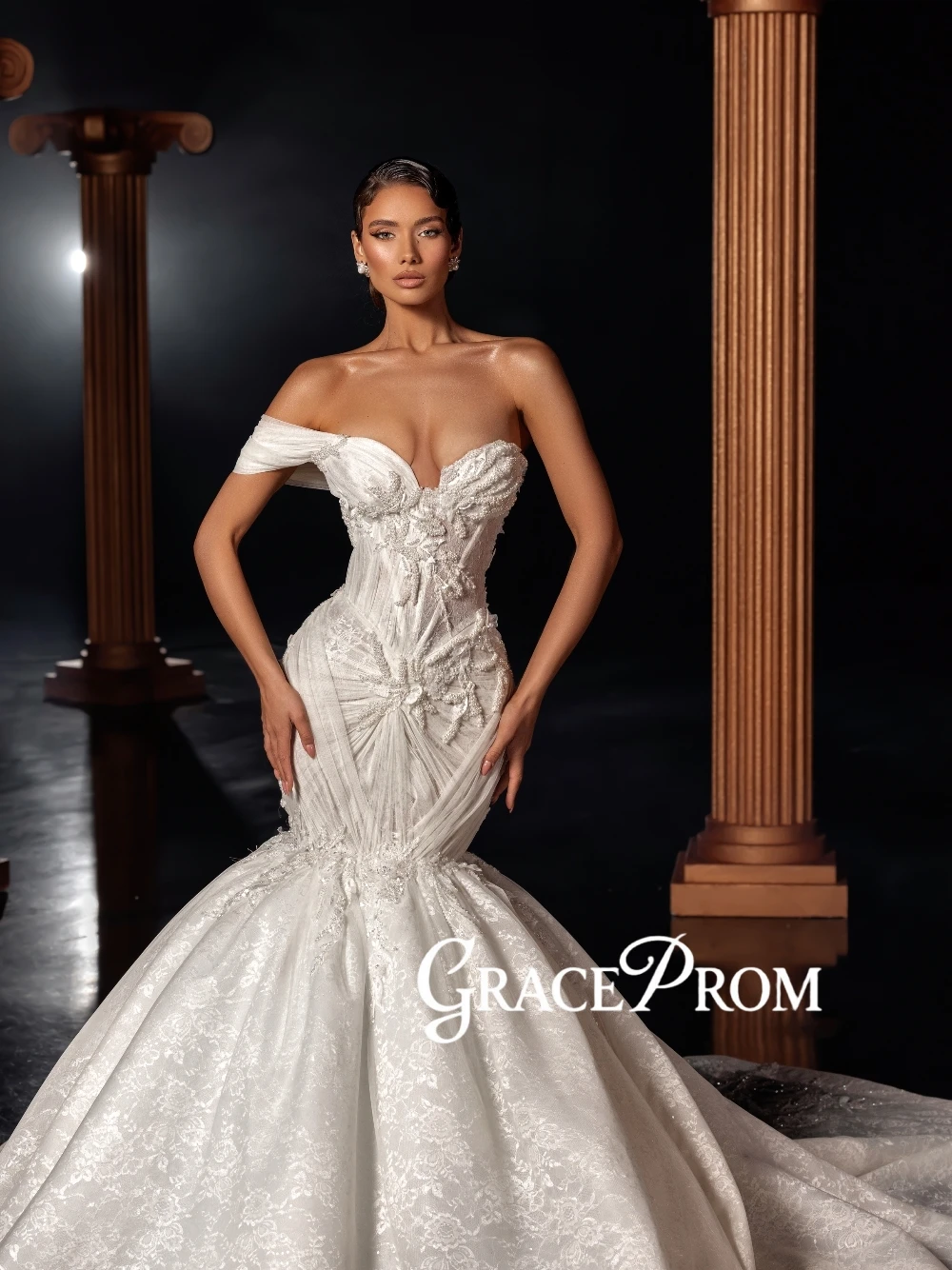 

Greek Palace Retro Luxury One Shoulder Mermaid Wedding Dress Exquisite 3D Embroidery Lace Sequined Bridal Gown With Train