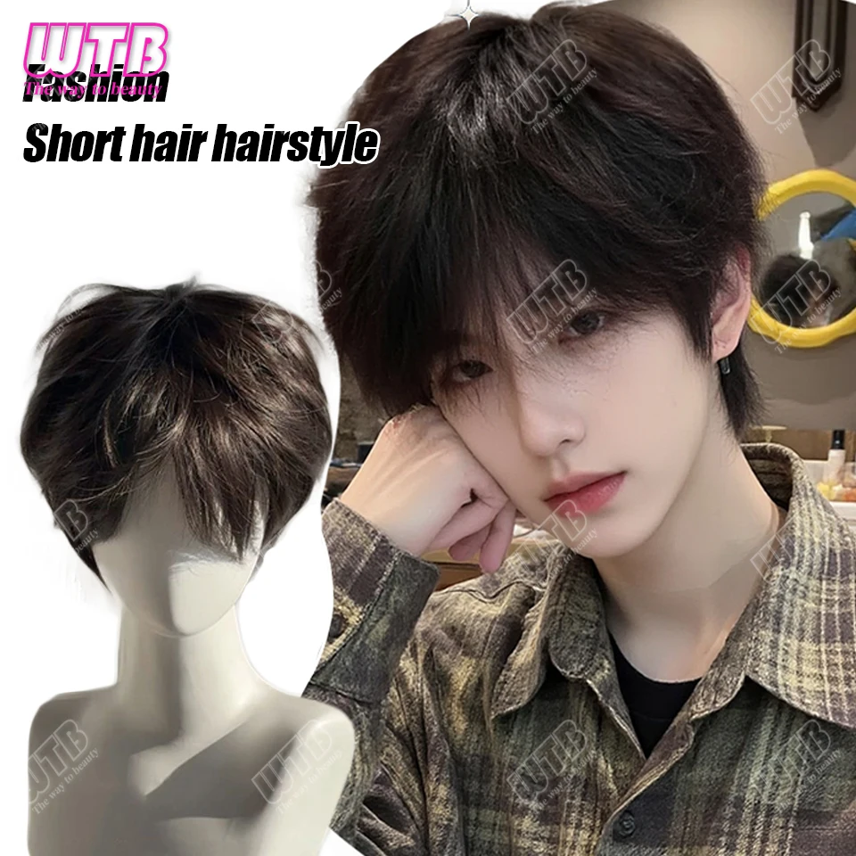 Pelucas de hombre peluca corta negra sintética resistente al calor Natural Halloween Cosplay peluca de pelo diario