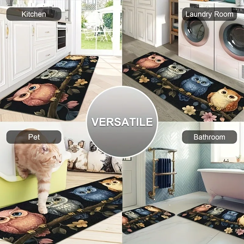 

1PC Owls on Branches Pattern Kitchen Rug Non-Slip Door Mat Pop design Bathroom Rug Bath Mat Carpet for Home Sink Laundry Decor