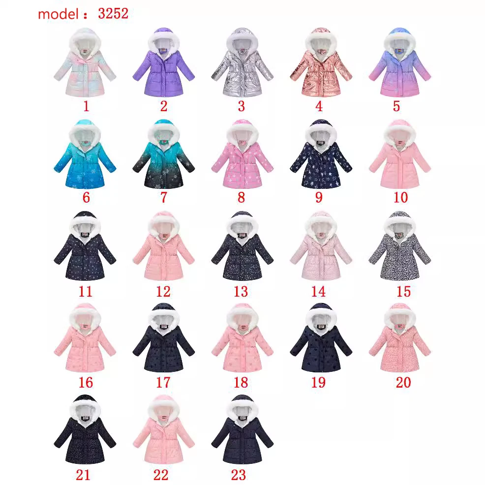 RAISE Winter 3-10Yrs Girls Mid-length Parkas Children Girls Waist-tie Tie-dye Print Long Hooded Parka with Fur Collar Teens Coat