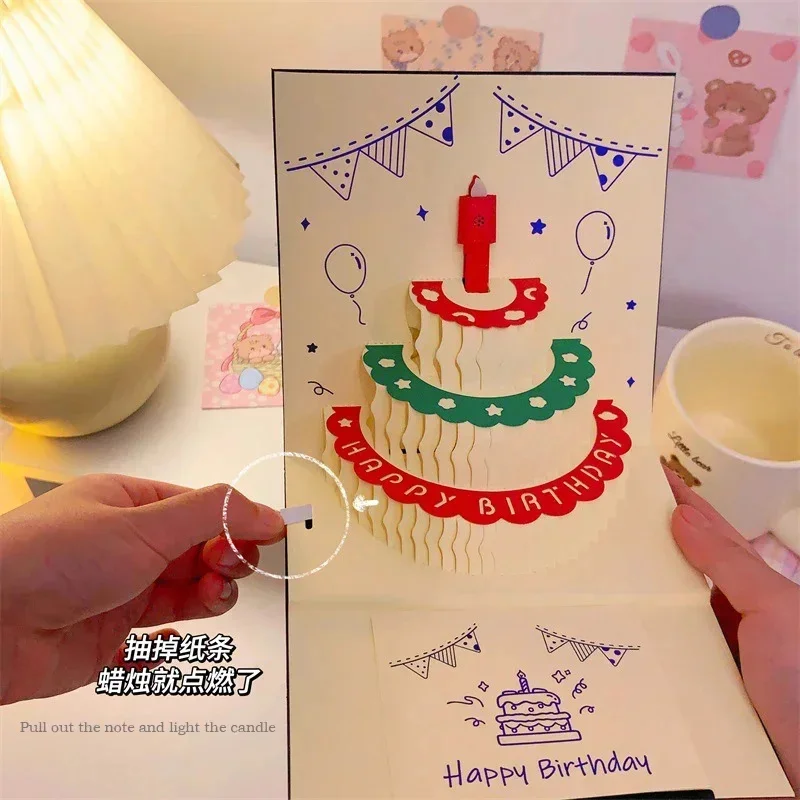 

3D Pop Up Cake Creative Greeting Card With Music Light Can Be Blow Out Candle Message Card Party Gift Light Music Birthday Card