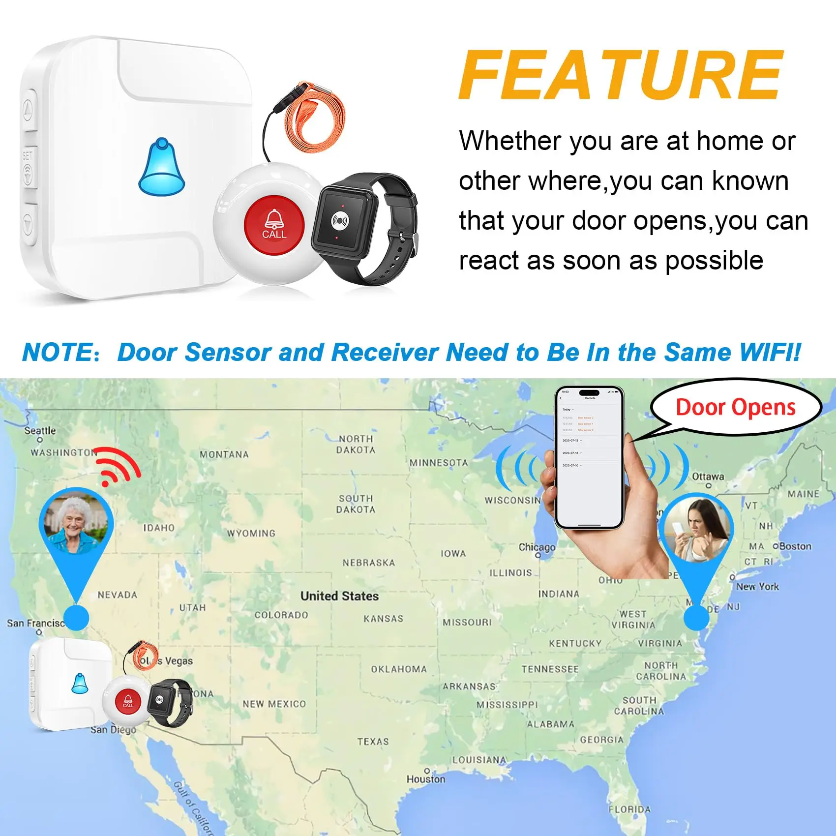 TY02 WiFi  Paging System Watch Beeper Receiver 300ft Wireless Distance for Elderly Caregivers Live-Alone Seniors