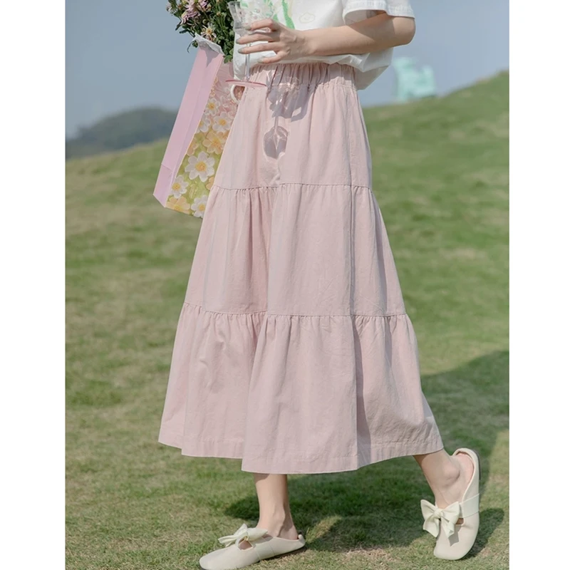 Casual Fashion Elastic Waist Skirt Women 2024 Summer New Student Solid Color Sweet Skirt Female Versatile Fairy Skirt