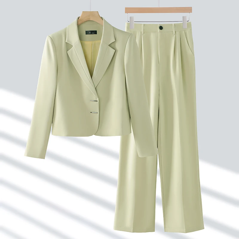 여성용 단색 투피스 세트, 한국 격식 있는 오피스 템퍼러먼트, 짧은 블레이저 탑 및 하이웨이스트 와이드 레그 플리츠 팬츠 세트, 2024