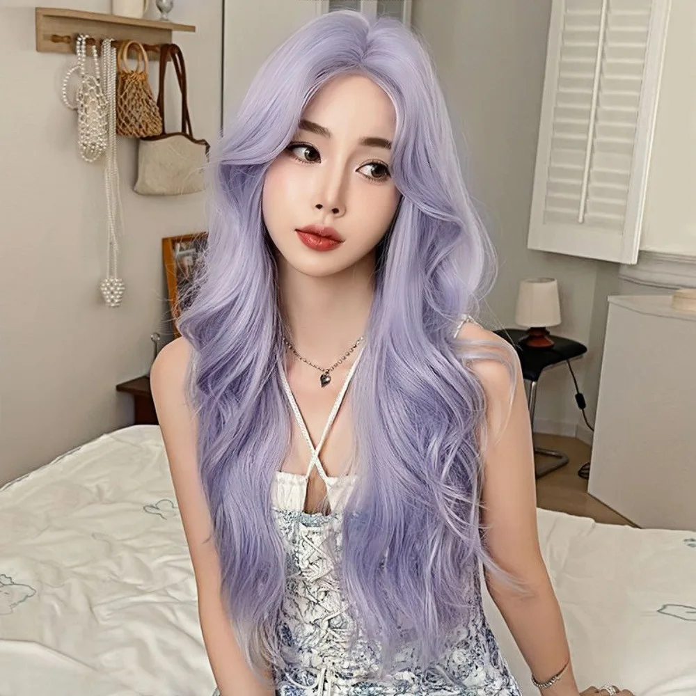 

New Purple Gray Long Curly Hair High Quality Chemical Fiber Synthetic Wig | Hazy Mid-Parted Fluffy Wavy Daily Wear Wig