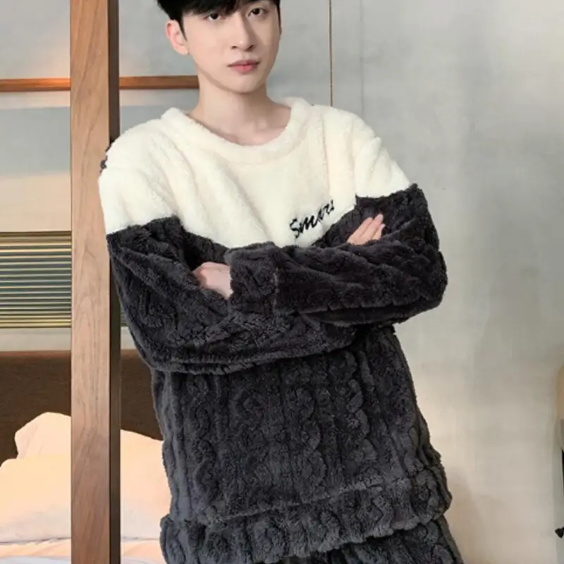 

man Winter clothing pajamas men clothing autumn y2k sportswear Youth casual wear Bath clothes flannel 2Pcs/set homewear thicken