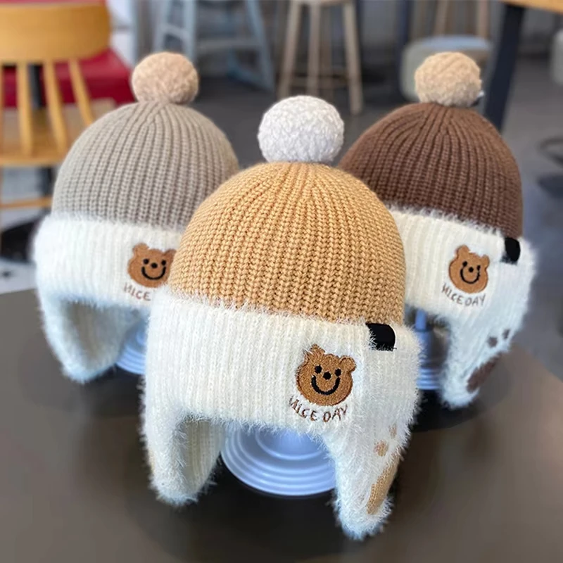 Baby Bear Hat Children Plush Earmuffs Cap 1-6year Kids Winter Warm Knitted Hat Beanie Pompom Ball Toddler Ear Protection Caps