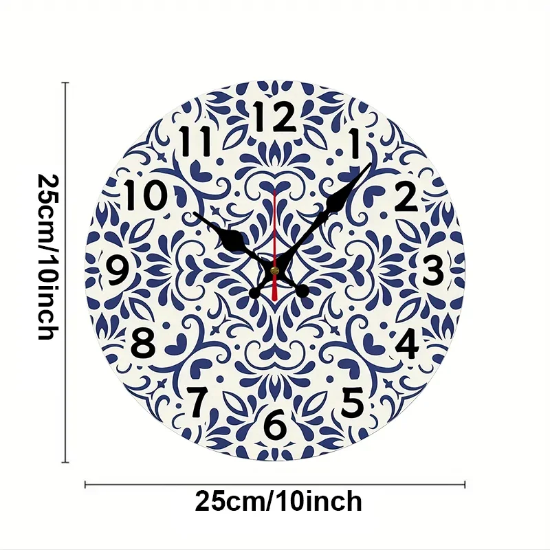 Blue & White Porcelain Wooden Round Silent Hanging Wall Clock,Suitable For Living Room,Office,Study Room,Bedroom,Home Decoration