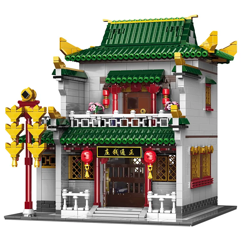 Chinatown City Street View Architecture China Native Bank Building Block Streetscape Money House Shop Model Bricks Figures Toys