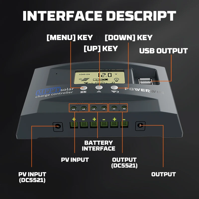Imagem -04 - Powerwin 30a 50a Controlador Solar Automático Micro Mppt Mt01 12 24v Tensão de Energia Solar Dupla Usb Display Lcd para Bateria Lifepo4