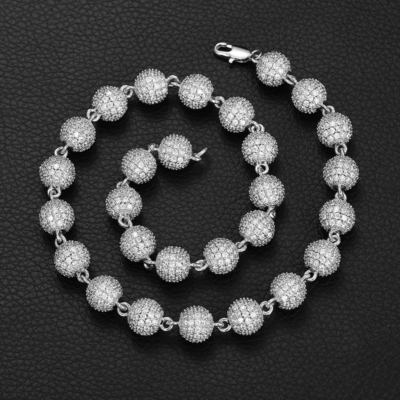 

Hip Hop S925 Sterling Silver 10mm Round Bead Necklace Solid Neckchain Jewelry