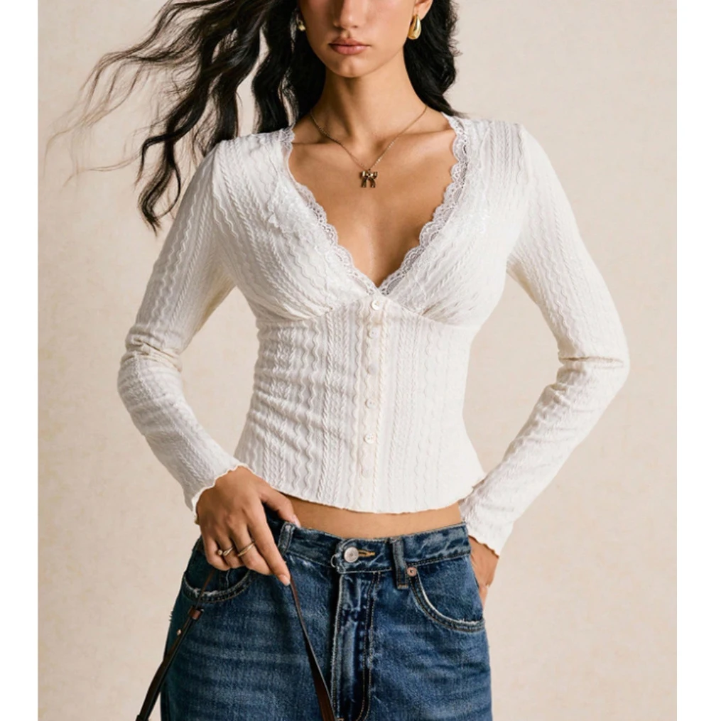 Women's Cropped Knit For Top with for v Neck and Lace Detail for Casual Outfits Suitable for Yoga Cycling Beach and Vacation