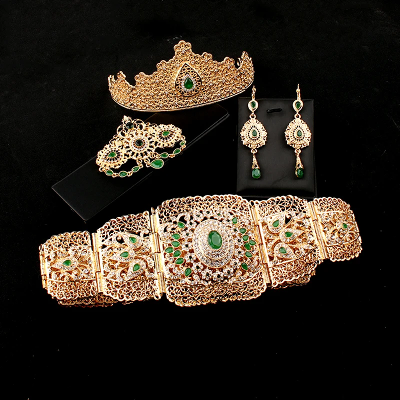 Arabian Women Jewelry Set Moroccan Belt Robe Gown Body Jewelry Crystal Brooch Crown Earrings for Women Free Shipping Sets