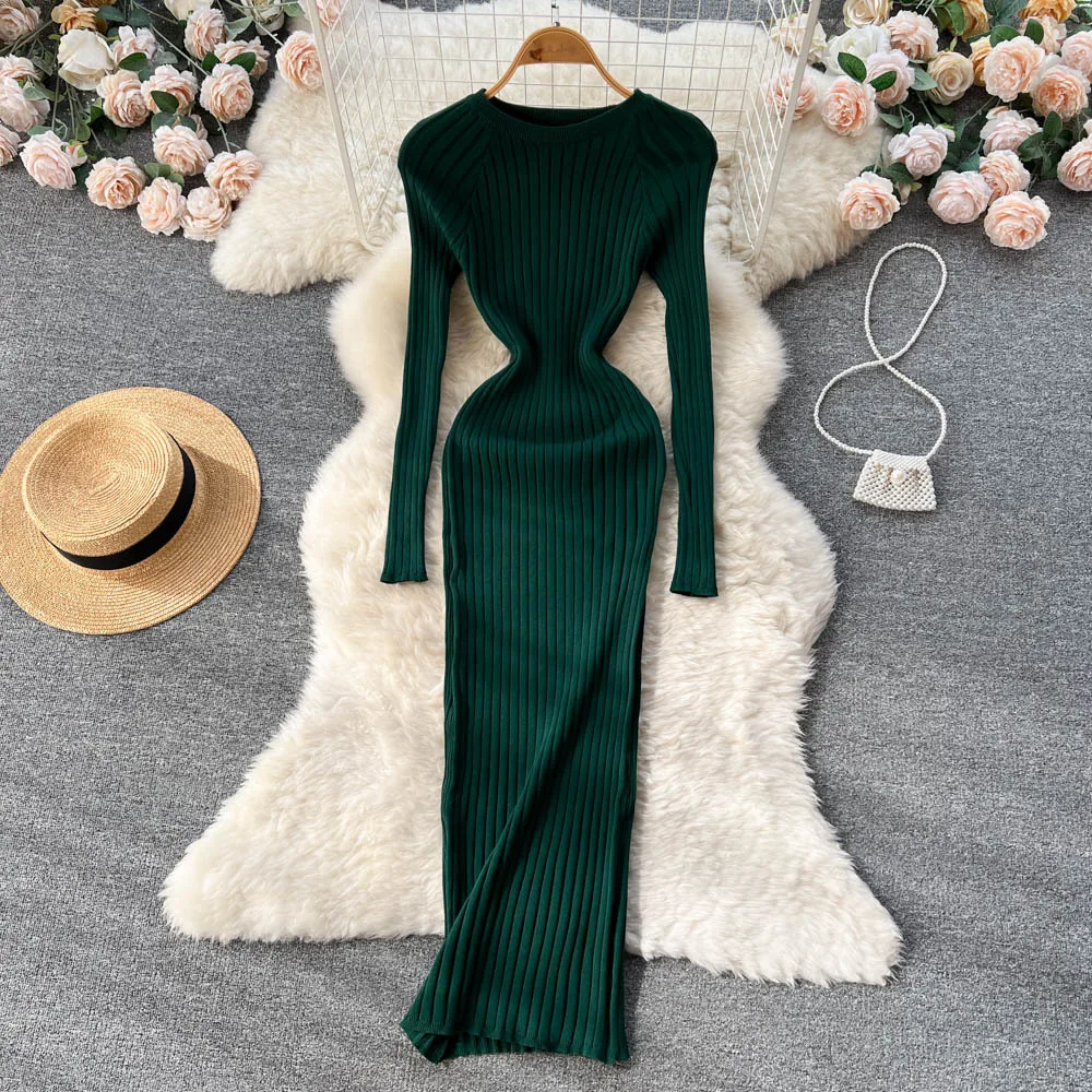 

Women's Fall and Winter Long Sleeve Round Neck Sexy Slim Knit Dress Elegant Chic High Waist Bottoming Long Dress Casual Outfits