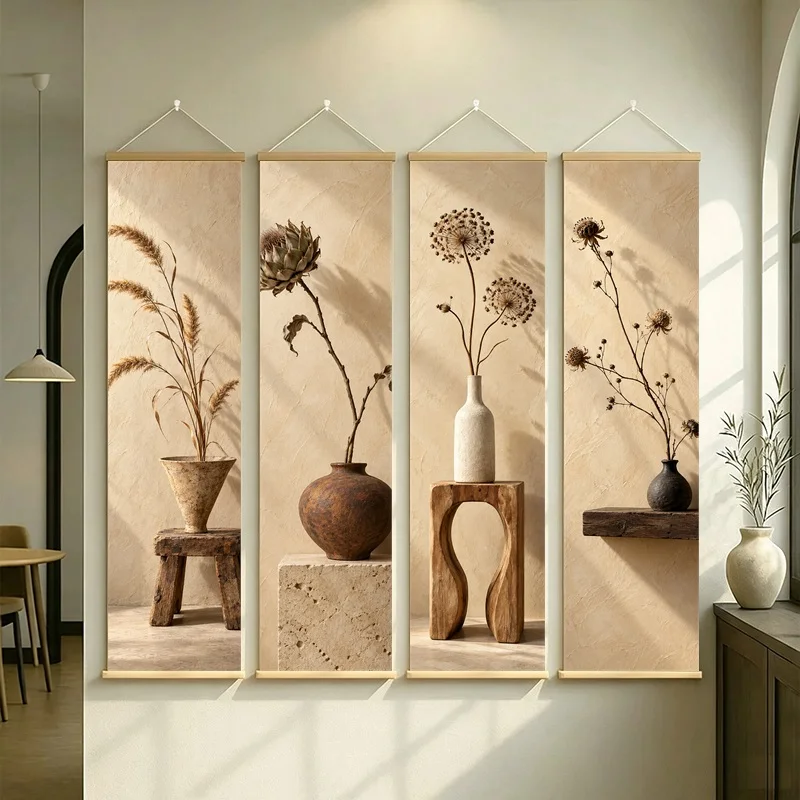 Wall Art Dried Artichoke and Allium Pod, Calm Wabi-Sabi Silver Shimmer Canvas Hanging Scroll for Peaceful Boutique Hotel