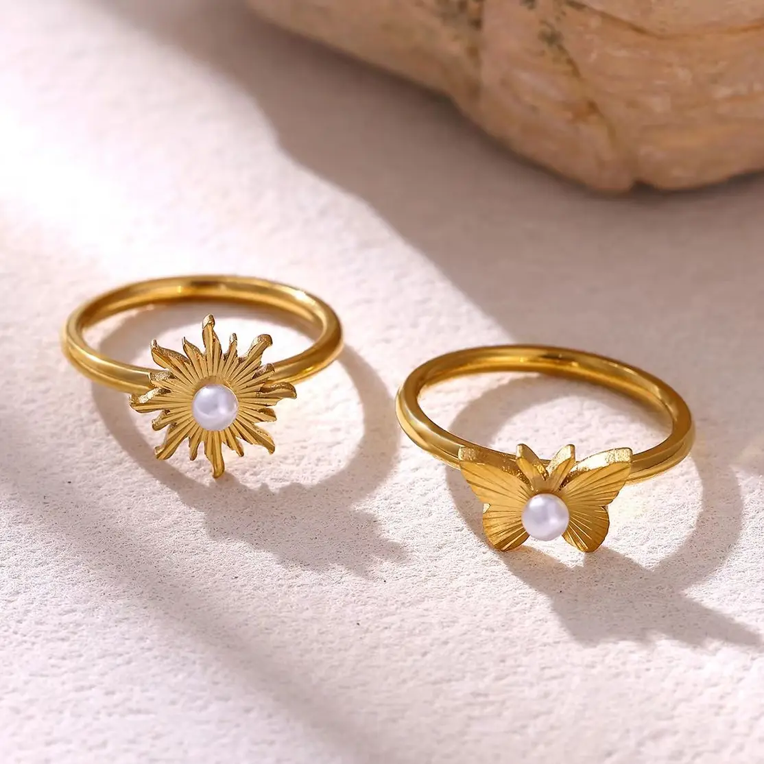Fashion Imitation Pearl Sun Butterfly Rings For Women Stainless Steel 7/8 Size Geometric Ring Handmade Aesthetic Jewelry Gift
