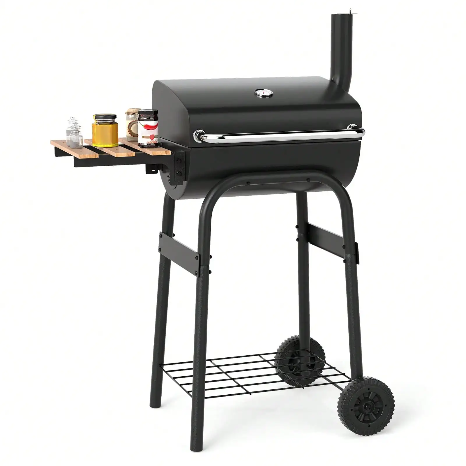 Barrel Charcoal Grill W/Foldable Side Table Built-In Thermometer & Storage Shelf