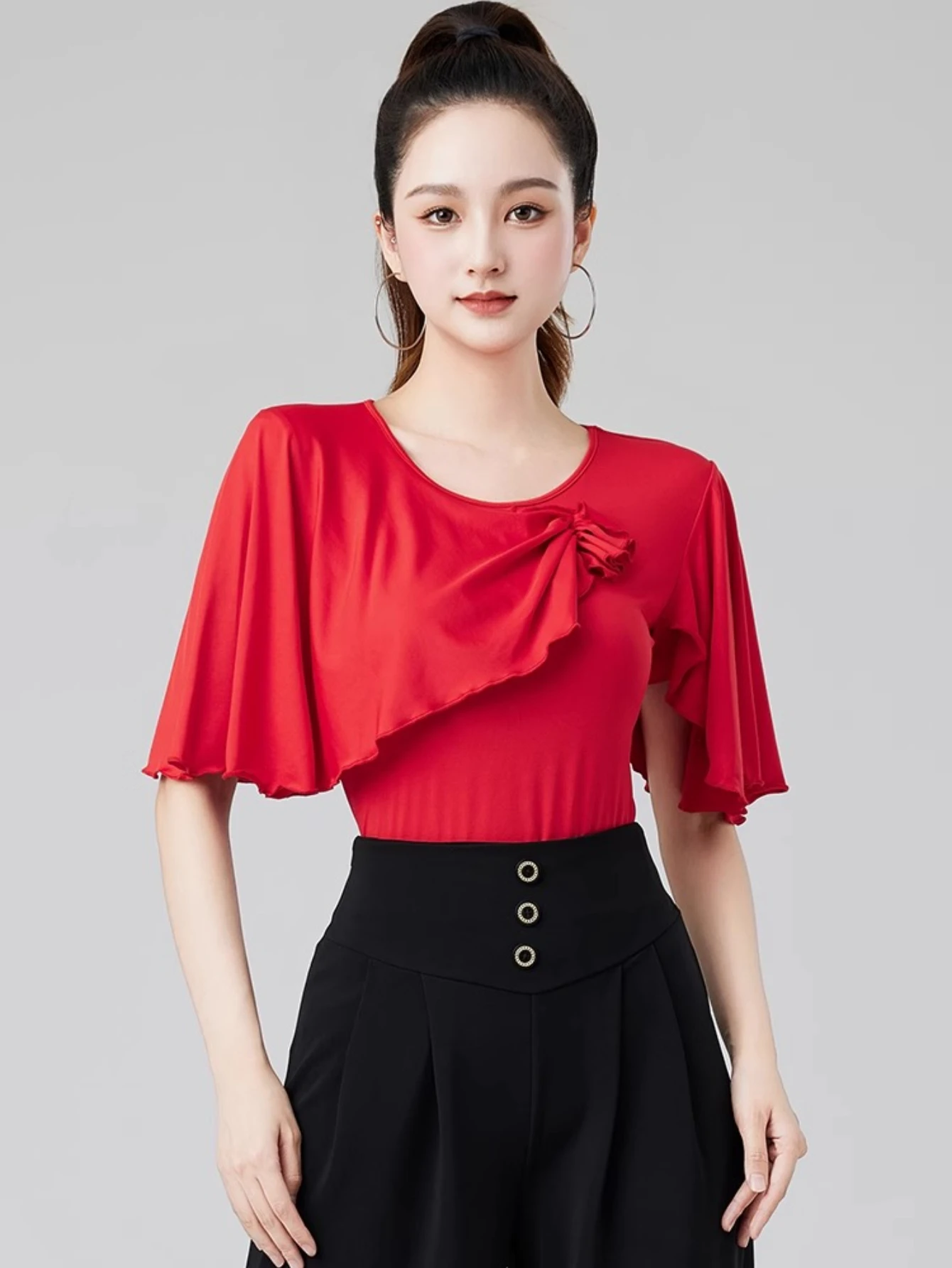 Korte mouwen danskleding top rood nieuwe latin dans tops danspak dames boven en onderkant moderne lijn dameskleding podiumkleding