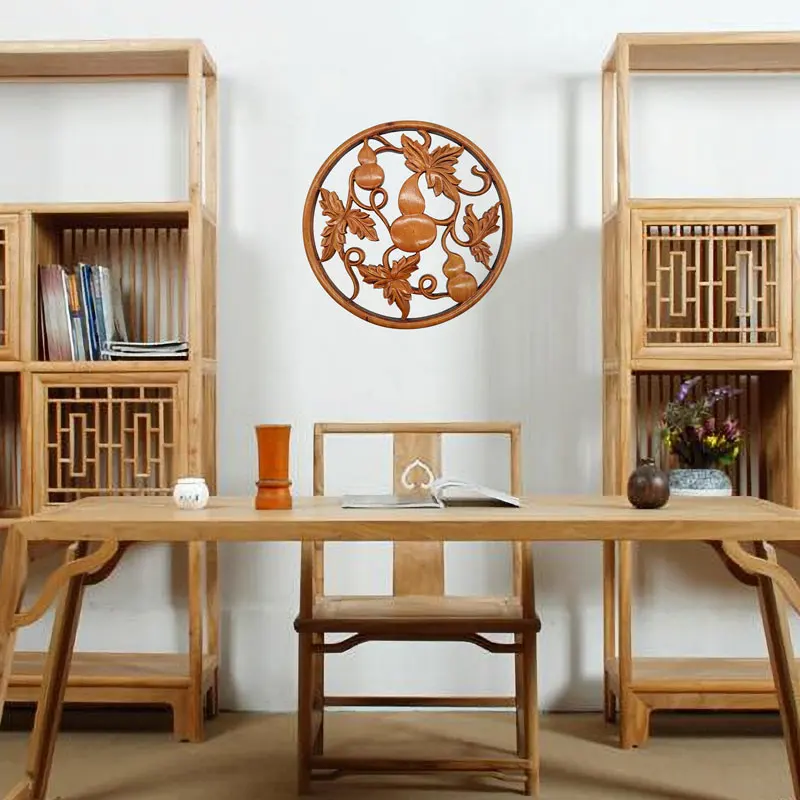 3D Relief Wood Carving Wall Hanging Round Camphor Wood Living Room Handicrafts Decoration Lucky Pattern 380mm diameter