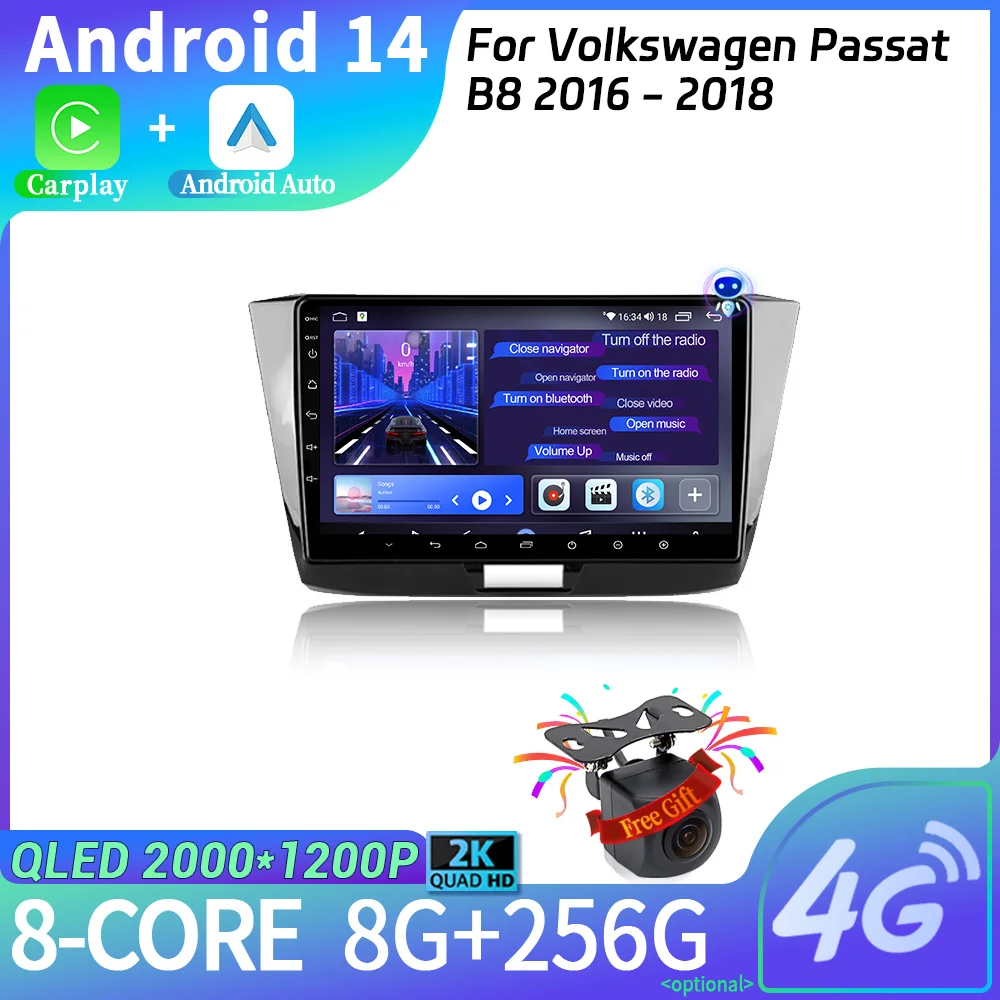 

For Volkswagen Passat B8 2016-2018 WIFI 2DIN Car Radio Android 14 Multimedia Navigation Wireless Carplay Stereo Screen