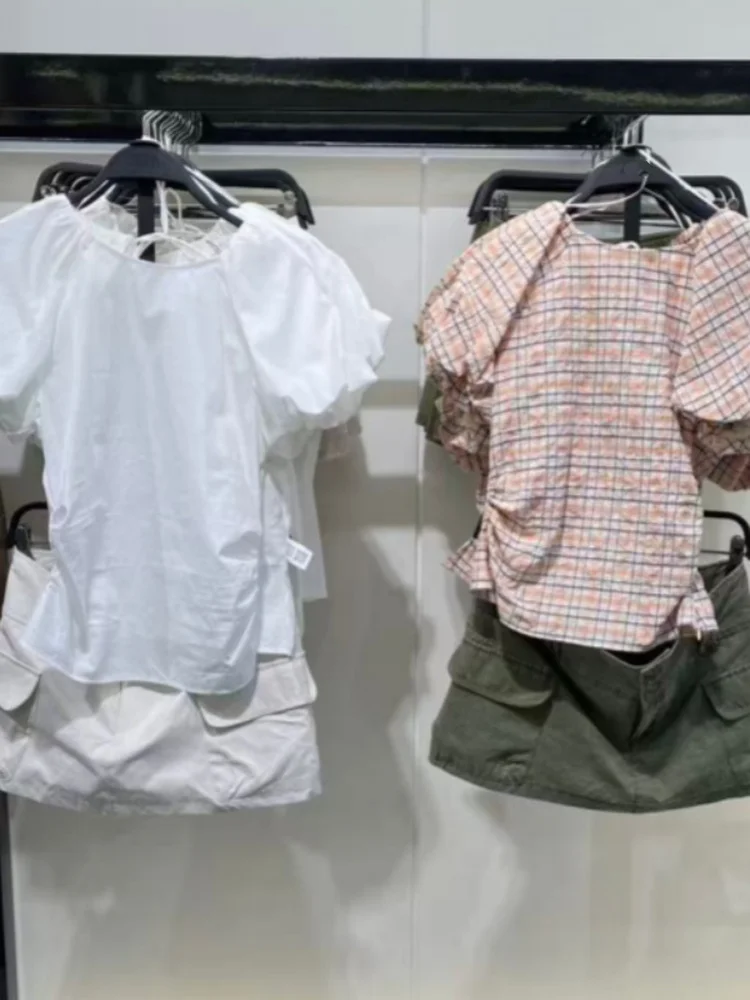 

Sweet Sle Faion Slim Fit ort Sve round Ne Balloon Sve irt Top Cotton Gingham Pattern