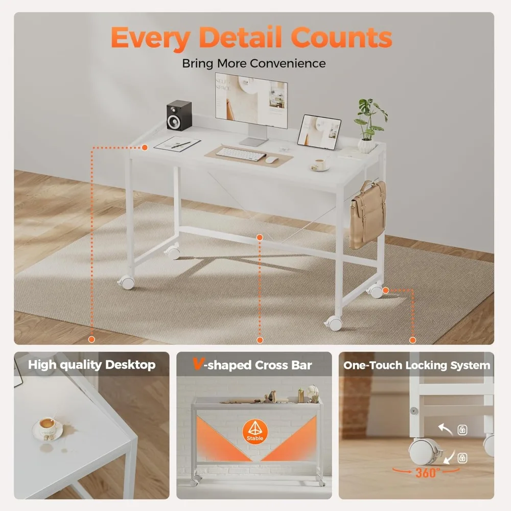 Compact Gaming Desk with Wheels for Small Spaces, Modern Simple Style Home Office and Study Writing Table