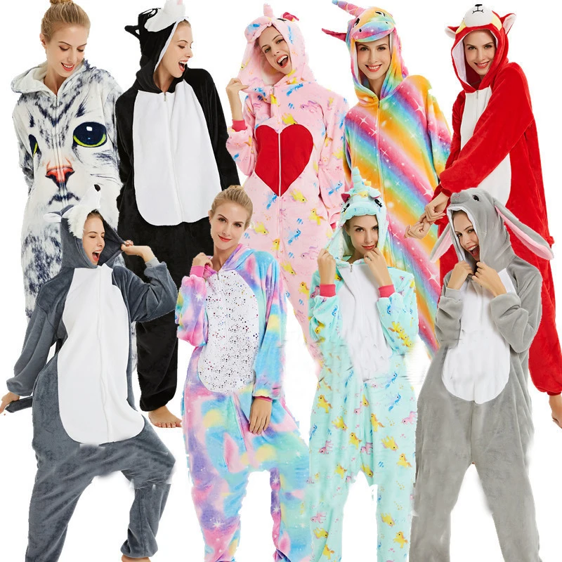 Winter Cartoon Coral Fleece Unicorn Sleepwear Flannel One Piece Hooded Kigurumi Loose Casual Home Wear Jumpsuits Pajamas Set