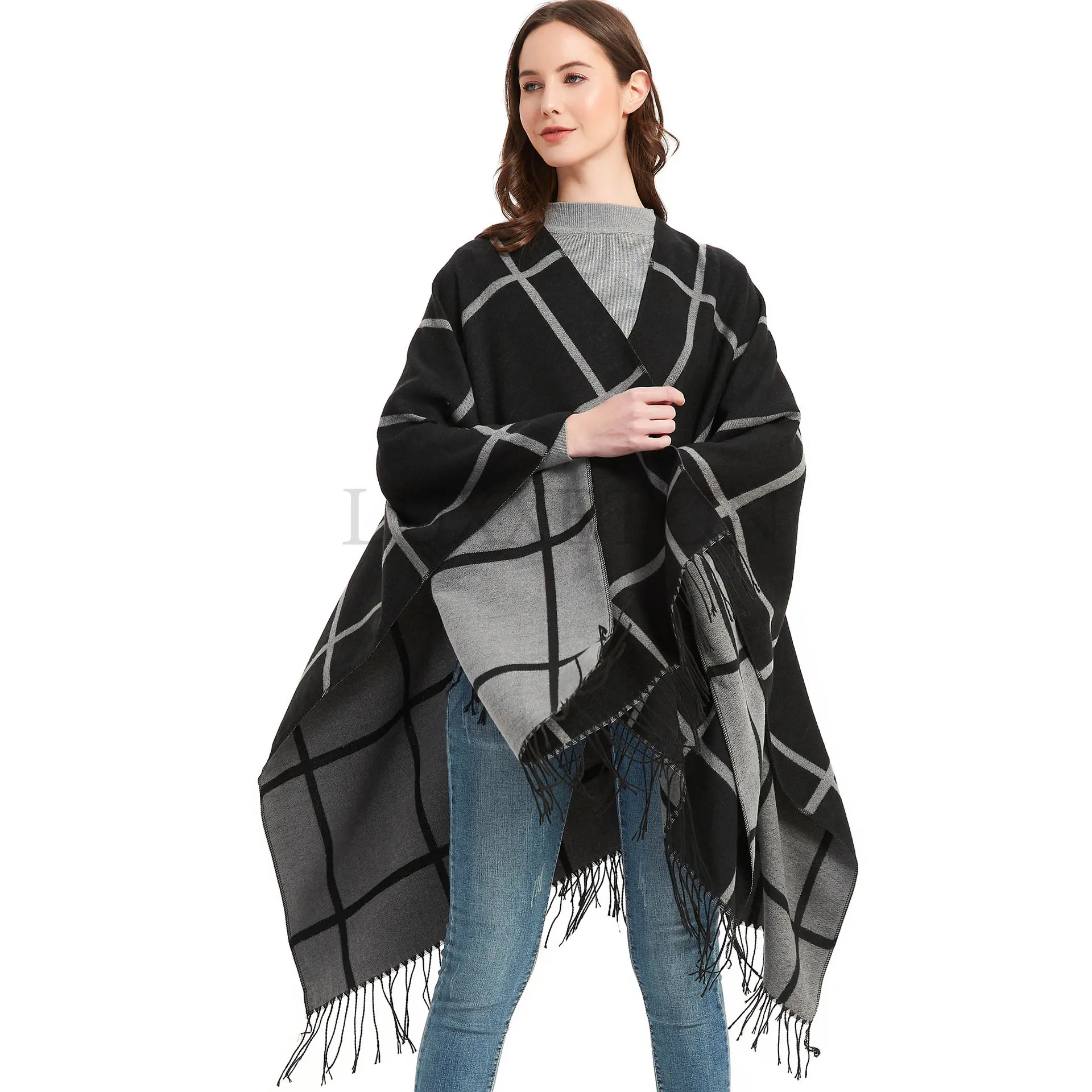 

Elegant Cashmere Pashmina Cloak Female Warm Tassel Ponchos Capes Soft Blanket Cape Thick Reversible Plaid Shawls and Wraps