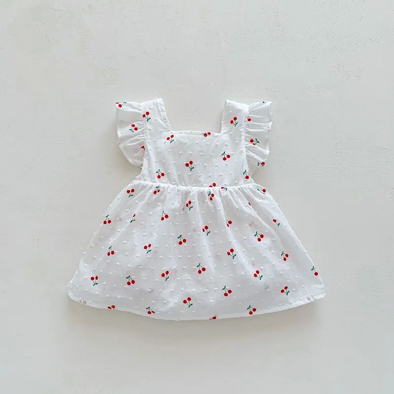 Cute Baby Girl Dress Romper 0-2Years Newborn Princess Fly Sleeve Cherry Print Cotton Skirted Bodysuit One-Pieces Summer Clothes