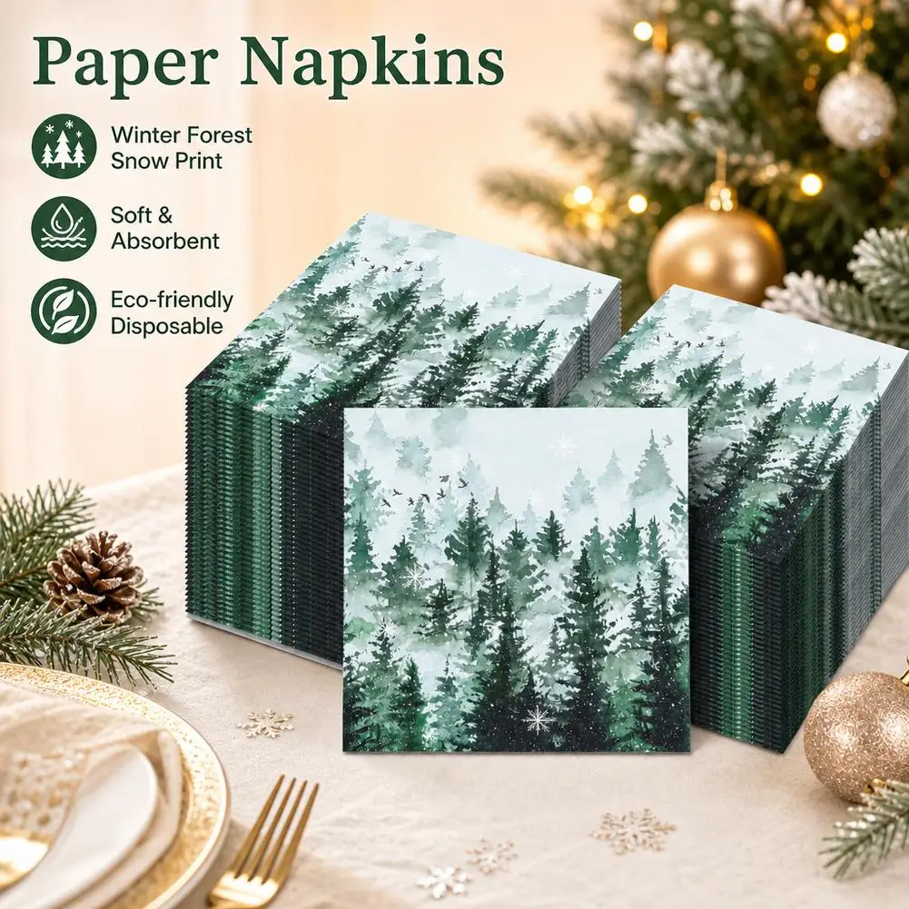 Green Misty Pine Tree Napkins Winter Snowflake Bird Watercolor Disposable Paper Napkin Xmas New Year Farmhouse Party Decor ﻿ - view 2